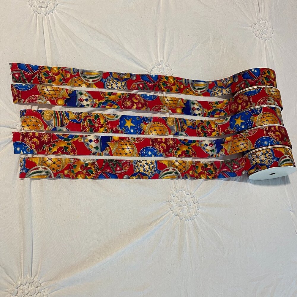 VTG Christmas Fabric Ribbon No Wire 1-3/8" Ornaments Pattern 10 Rolls New